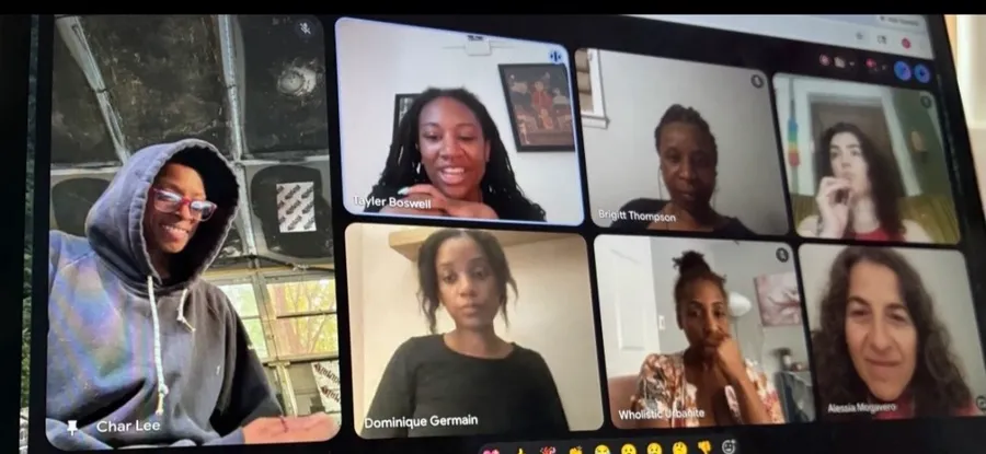 A screenshot of a video call with several members of the Facebook community, smiling and checking in together.