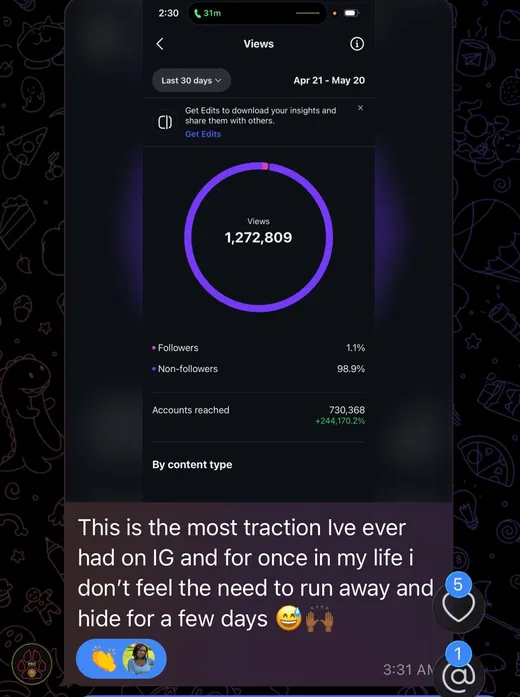 Screenshot of Charlee's Instagram analytics showing 1,272,809 views and a message about no longer needing to hide after posting.
