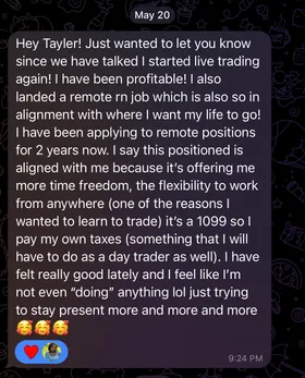 Screenshot of Dominique's message about returning to live trading profitably and landing a remote RN job.