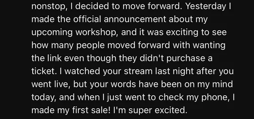 Screenshot of Mango's message describing making her first sale after announcing her workshop.
